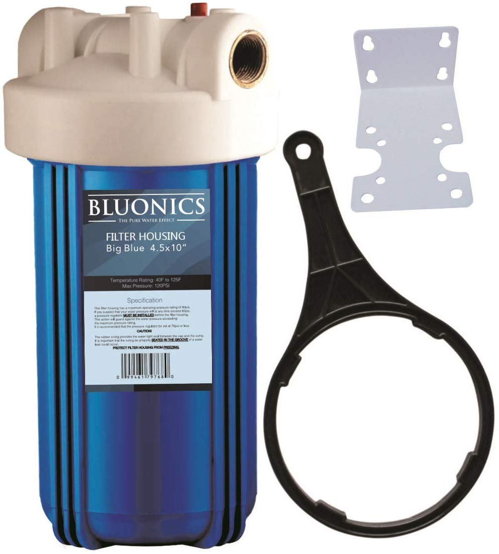 thumbnail image 2 of SimPure 10 Inch Big Blue Whole House Water Filter Housing – 10x4.5, 1" NPT, With Wrench & Bracket 2 of 5