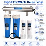 Bluonics Whole House Water Filter System for Well Water, 3 Stage Sediment Carbon Filters with 110W UV Light, 24 GPM, 20 x 4.5 Housings, 1 in NPT