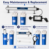 Bluonics Whole House Water Filter System for Well Water, 3 Stage Sediment Carbon Filters with 110W UV Light, 24 GPM, 20 x 4.5 Housings, 1 in NPT