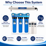 Bluonics 110W Whole House Water Filter System for Well & City Water, 4-Stage Water Filtration System with UV Water Treatment, Triple 20 x 4.5 Sediment & Carbon Filters, 1 Inch MNPT, 24 GPM