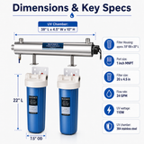 Bluonics Whole House Water Filter System for Well Water, 3 Stage Sediment Carbon Filters with 110W UV Light, 24 GPM, 20 x 4.5 Housings, 1 in NPT