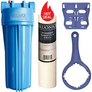 Bluonics 10" Blue Whole House Water Filter with 5 Micron Sediment Cartridge Included for Rust, Iron, Sand, Dirt, Sediment and Undissolved Particles