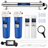 Bluonics Whole House Water Filter System for Well Water, 3 Stage Sediment Carbon Filters with 110W UV Light, 24 GPM, 20 x 4.5 Housings, 1 in NPT