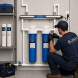 Bluonics Whole House Water Filter System for Well Water, 3 Stage Sediment Carbon Filters with 110W UV Light, 24 GPM, 20 x 4.5 Housings, 1 in NPT