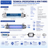 6W UV Water Purifier for Reverse Osmosis Systems – 1 GPM Ultraviolet Water Treatment Unit – Stainless Steel UV Light System for RO Drinking Water Filtration – Bluonics