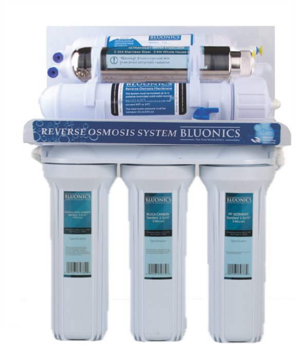 Bluonics 7 Stage Reverse Osmosis Ultraviolet Water Filter System with UV Sterilizer and Alkaline Filter - 50 GPD With One Extra Bulb