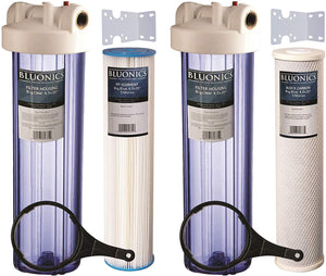 Two 20" Big Blue Whole House Water Filter w/Pleated Sediment & Carbon Filters ^ CLEAR BLUE TRANSPARENT HOUSINGS