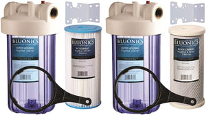 Two 10" Big Blue Whole House Water Filter w/Pleated Sediment & Carbon Filters ^ CLEAR BLUE TRANSPARENT HOUSINGS