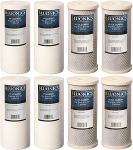 BLUONICS Big Blue Sediment & Carbon Block Replacement Water Filters 8pcs (5 Micron) 4.5" x 10" Whole House Cartridges for Rust, Iron, Sand, Dirt, Sediment, Chlorine, Pesticides, Insecticides and Odors