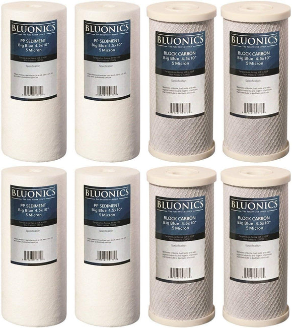 BLUONICS Big Blue Sediment & Carbon Block Replacement Water Filters 8pcs (5 Micron) 4.5