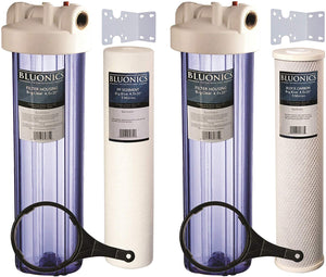 Two 20" Big Blue Whole House Water Filters w/Sediment & Carbon with CLEAR BLUE TRANSPARENT HOUSINGS5 Stage Reverse Osmosis with Booster Pump - RO Water Filter System (50 GPD)dupont ispring apec filtro de agua culligan systems aquasana water purifier whole house water filter whole house water filter system aquasana filter replacement cartridge well water Plomero plumber contractor purificador de agua toda la casa agua de pozo Water filtrations system with UV sterilizer Plumber Plomero Reverse osmosis