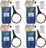 4 Pack 10" Big Blue Whole House Water Filter Housing System uses standard Big Blue Size 4.5 x 20 Cartridges - Complete with Wrench, Baracket and Screwsdupont ispring apec filtro de agua culligan systems aquasana water purifier whole house water filter whole house water filter system aquasana filter replacement cartridge well water Plomero plumber contractor purificador de agua toda la casa agua de poso Water filtrations system with UV sterilizer Plumber Plomero 