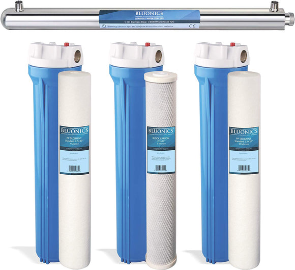 BLUONICS Whole House & Well Water System 55W UV Ultraviolet with Sediment & CTO Carbon with Solid Blue Housingdupont ispring apec filtro de agua culligan systems aquasana water purifier whole house water filter whole house water filter system aquasana filter replacement cartridge well water Plomero plumber contractor purificador de agua toda la casa agua de pozo Water filtrations system with UV sterilizer Plumber Plomero 