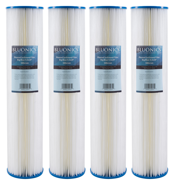 Big Blue Pleated Sediment Water Filters 4 pcs Washable 4.5 x 20 Cartridges (5 Micron)