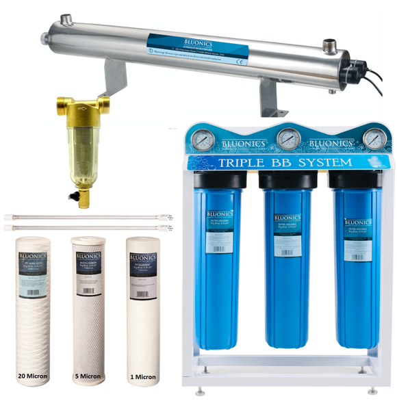 BLUONICS Complete 110W UV+Sediment & Carbon Well Water Filter Purifier System 24GPM w/Triple Big Blue ,40 Mic Pre filter and One Extra Filters Sets